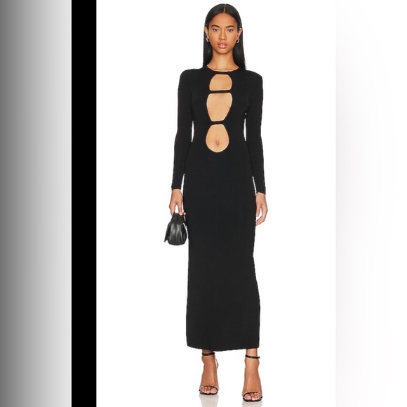 Auteur Black Cutout Long Sleeve Maxi Dress Crew Neck Evening Gown NWOT S